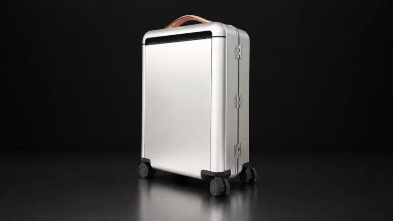 Smooth silver aluminum suitcase with leather top handle from the Aluvox factory, studio shot on black