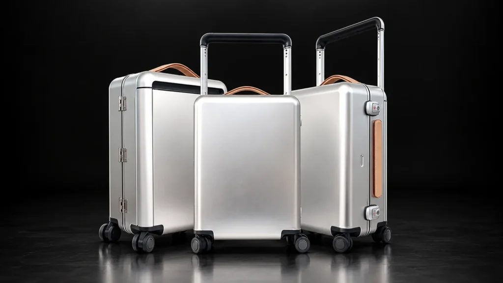 Three smooth silver aluminum suitcases with leather handles from the Aluvox factory, studio shot on black