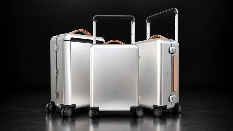 Three smooth silver aluminum suitcases with leather handles from the Aluvox factory, studio shot on black