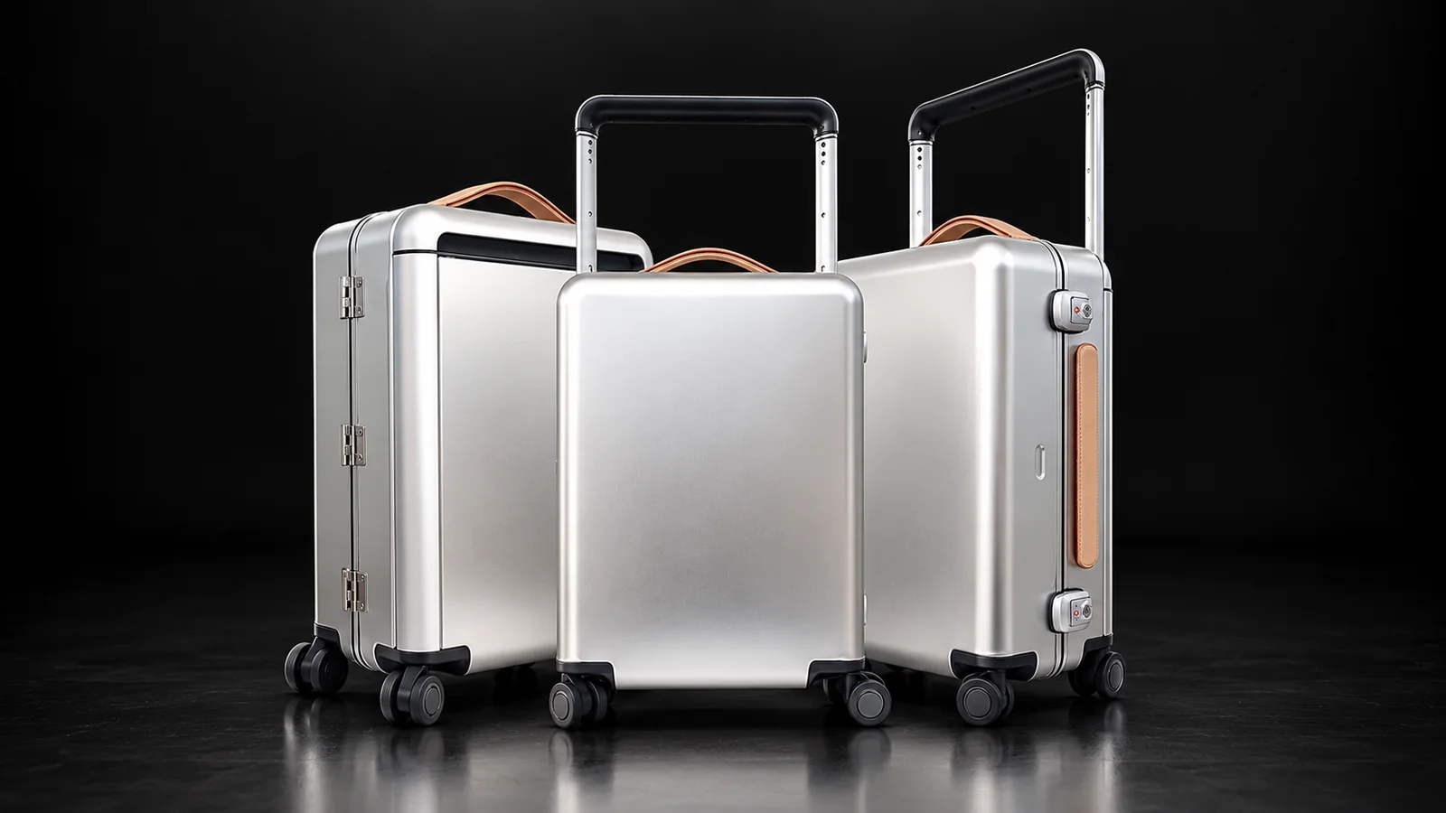 Three smooth silver aluminum suitcases with leather handles from the Aluvox factory, studio shot on black