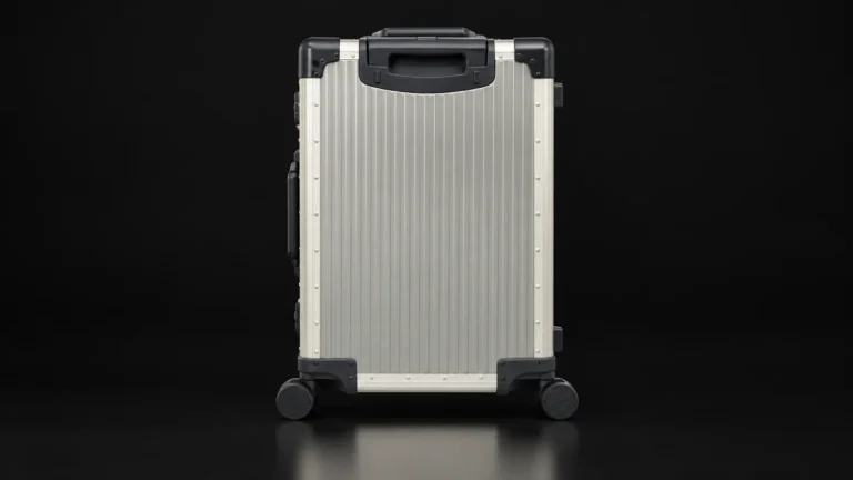 Brushed titanium suitcase with dark corner guards from the Aluvox factory, studio shot on black