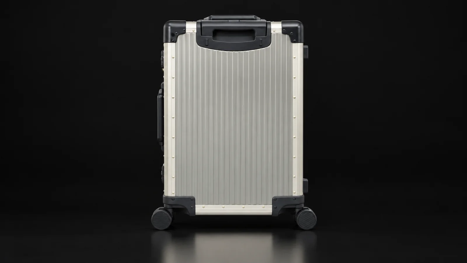 Brushed titanium suitcase with dark corner guards from the Aluvox factory, studio shot on black