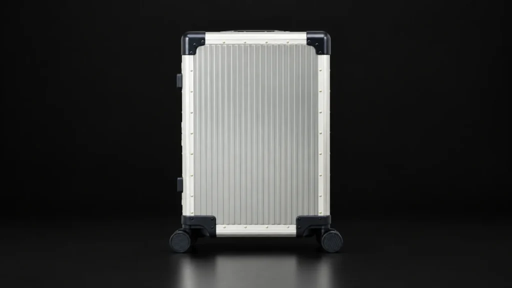 Brushed titanium suitcase with dark corner guards from the Aluvox factory, studio shot on black