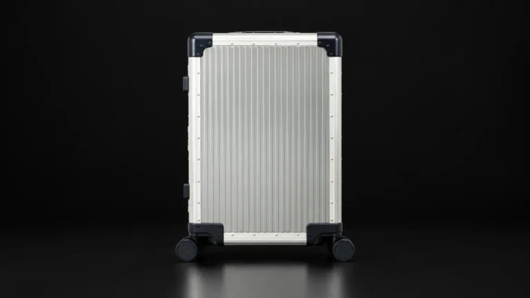 Brushed titanium suitcase with dark corner guards from the Aluvox factory, studio shot on black