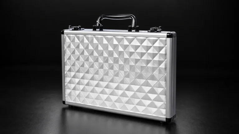 Silver aluminum case with diamond-textured lid from the Aluvox factory, studio shot on black