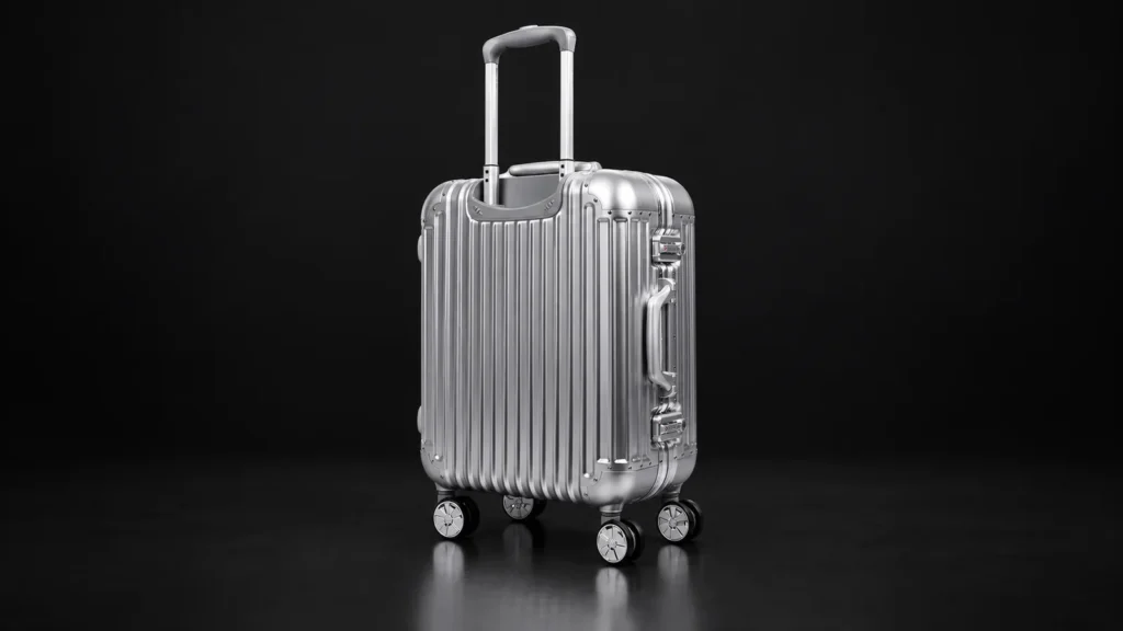 Silver ribbed aluminum suitcase from the Aluvox factory, studio shot on black