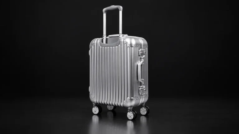 Silver ribbed aluminum suitcase from the Aluvox factory, studio shot on black