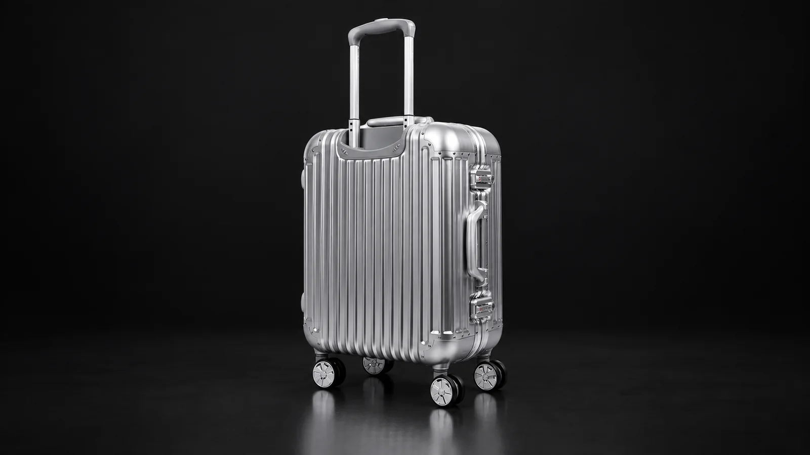 Silver ribbed aluminum suitcase from the Aluvox factory, studio shot on black