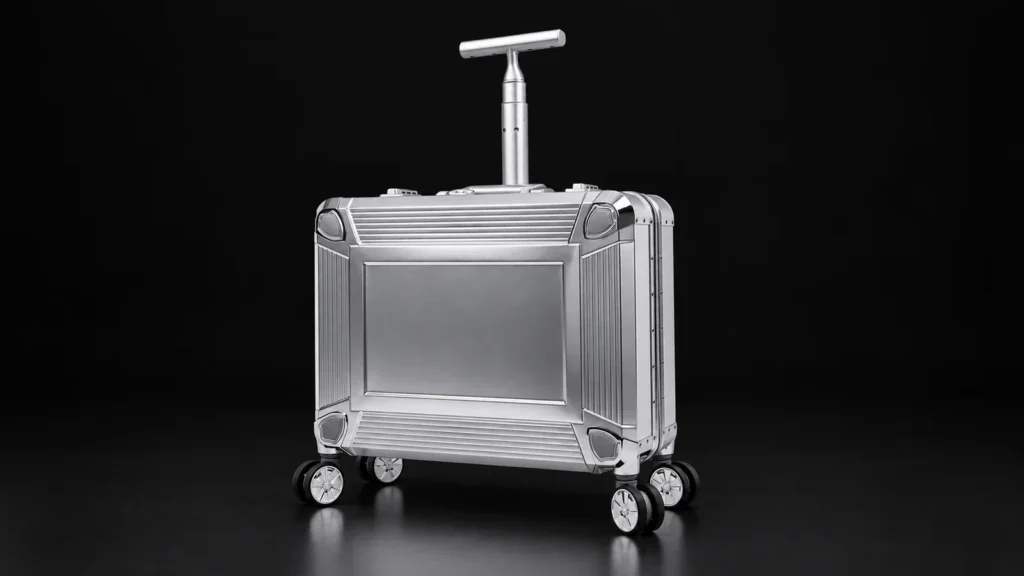 Silver aluminum pilot case with T-shaped handle from the Aluvox factory, studio shot on black