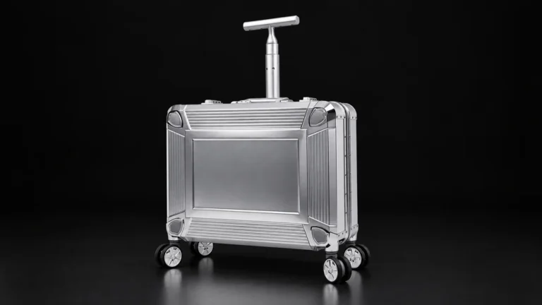 Silver aluminum pilot case with T-shaped handle from the Aluvox factory, studio shot on black