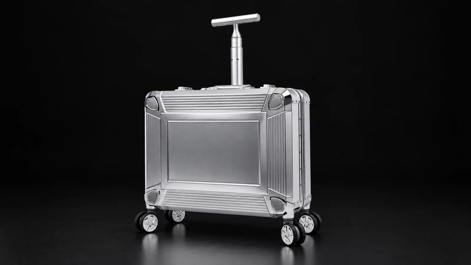 Silver aluminum pilot case with T-shaped handle from the Aluvox factory, studio shot on black