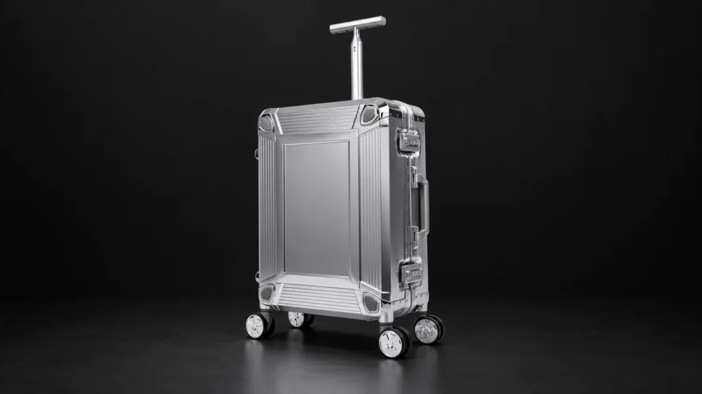 Smooth silver aluminum suitcase with single-post T-shaped handle from the Aluvox factory, studio shot on black