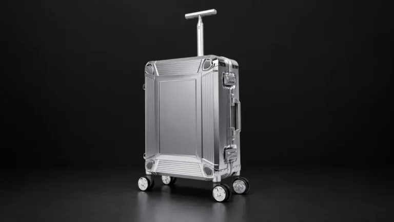 Smooth silver aluminum suitcase with single-post T-shaped handle from the Aluvox factory, studio shot on black