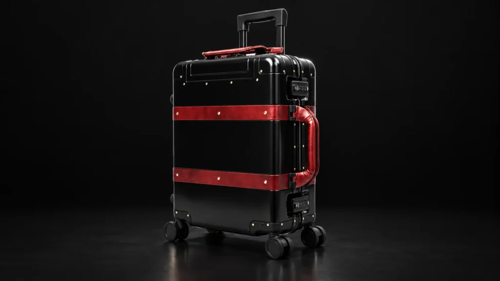 Black aluminum suitcase with two red leather straps from the Aluvox factory, studio shot on black