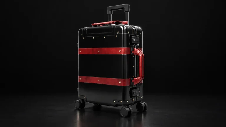 Black aluminum suitcase with two red leather straps from the Aluvox factory, studio shot on black