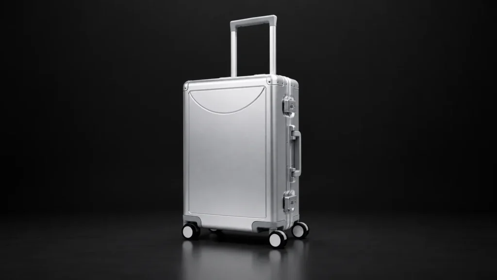 Smooth silver aluminum frame suitcase from the Aluvox factory, studio shot on black