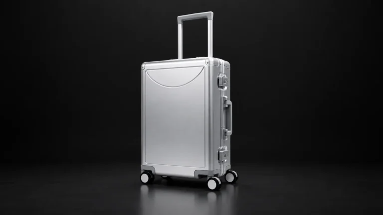 Smooth silver aluminum frame suitcase from the Aluvox factory, studio shot on black