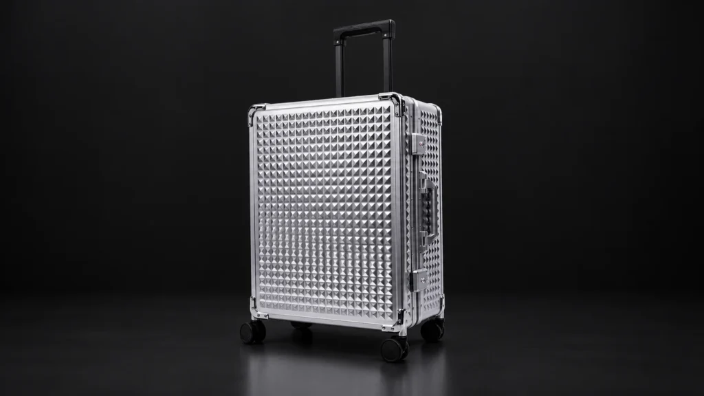 Silver diamond-textured aluminum suitcase from the Aluvox factory, studio shot on black