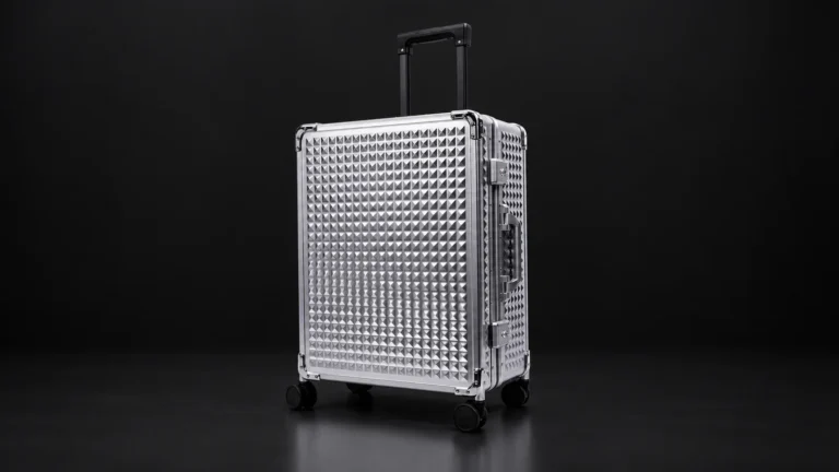 Silver diamond-textured aluminum suitcase from the Aluvox factory, studio shot on black