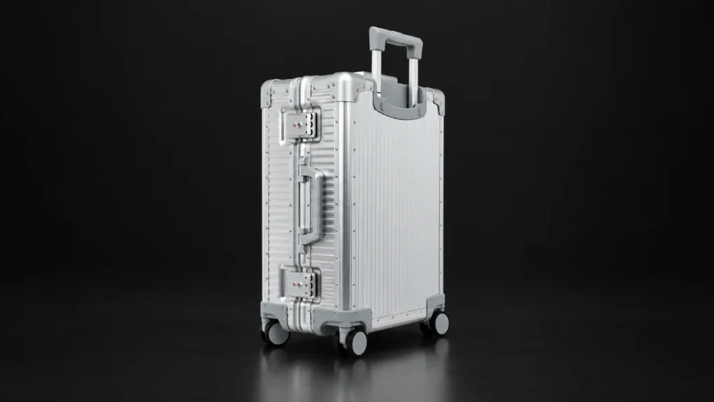 Silver ribbed aluminum carry-on suitcase from the Aluvox factory, studio shot on black