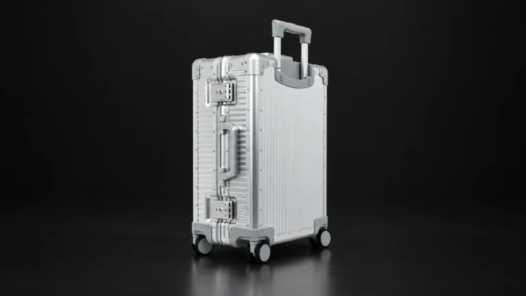 Silver ribbed aluminum carry-on suitcase from the Aluvox factory, studio shot on black