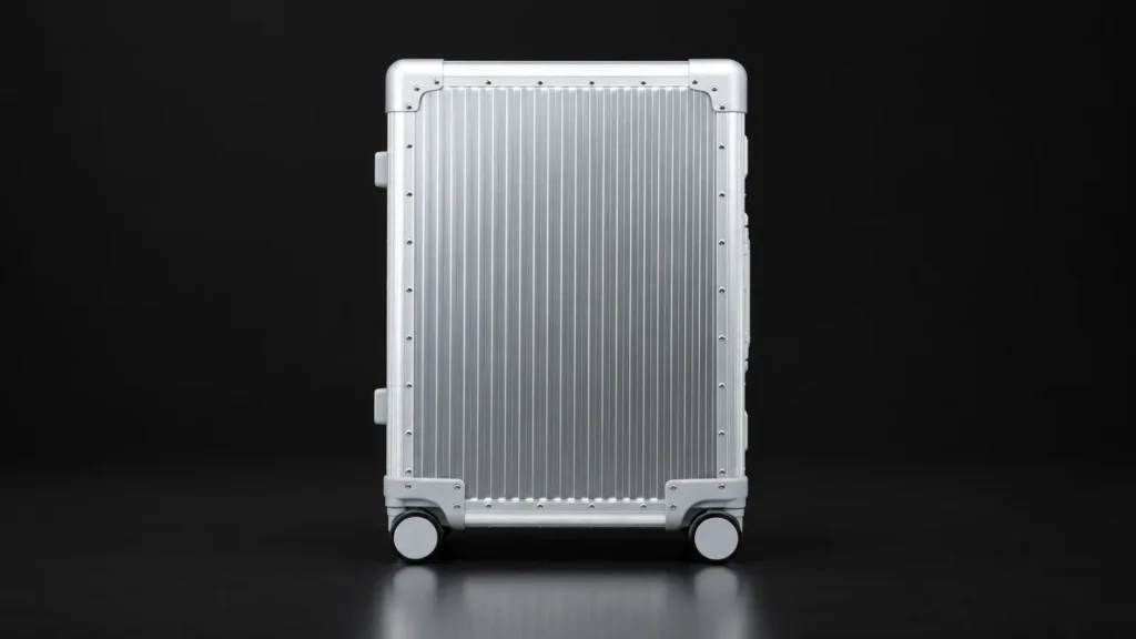Silver ribbed aluminum suitcase, front view, from the Aluvox factory, studio shot on black
