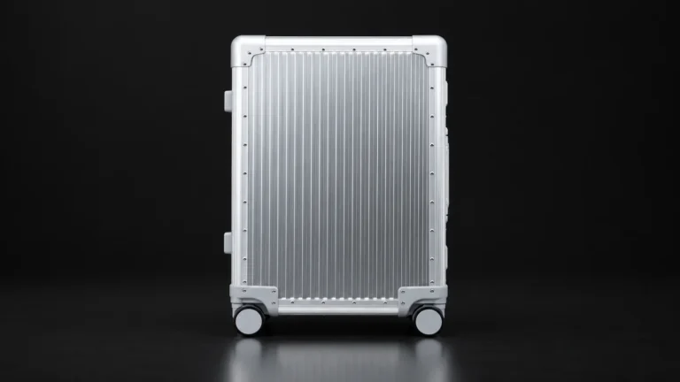 Silver ribbed aluminum suitcase, front view, from the Aluvox factory, studio shot on black