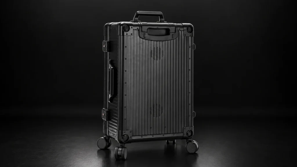 Black ribbed aluminum trolley case from the Aluvox factory, studio shot on black