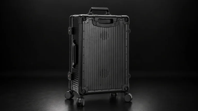 Black ribbed aluminum trolley case from the Aluvox factory, studio shot on black