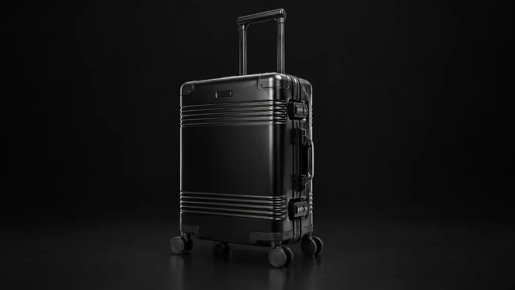 Black aluminum suitcase with horizontal grooves and extended telescopic handle from the Aluvox factory, studio shot on black