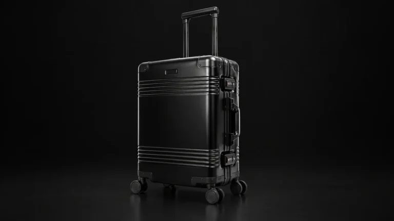 Black aluminum suitcase with horizontal grooves and extended telescopic handle from the Aluvox factory, studio shot on black