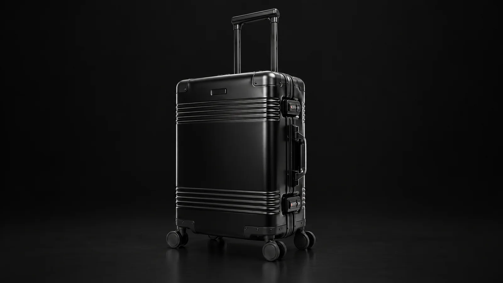 Black aluminum suitcase with horizontal grooves and extended telescopic handle from the Aluvox factory, studio shot on black