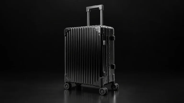 Black ribbed aluminum-frame suitcase from the Aluvox factory, studio shot on black