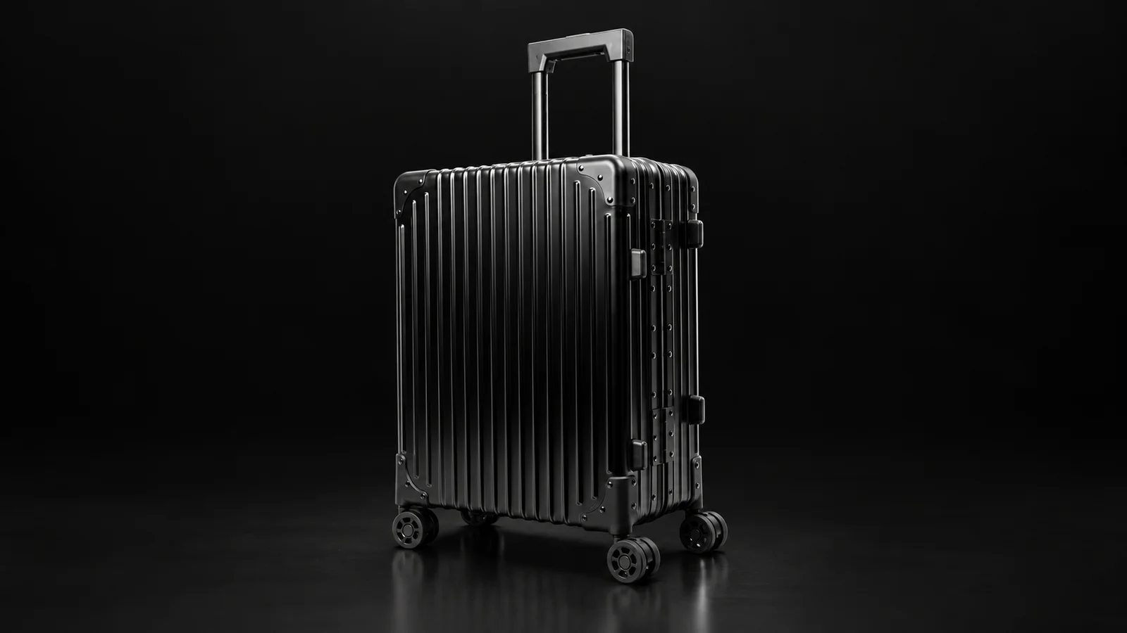 Black ribbed aluminum-frame suitcase from the Aluvox factory, studio shot on black