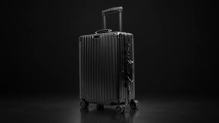 Black ribbed aluminum suitcase from the Aluvox factory, studio shot on black