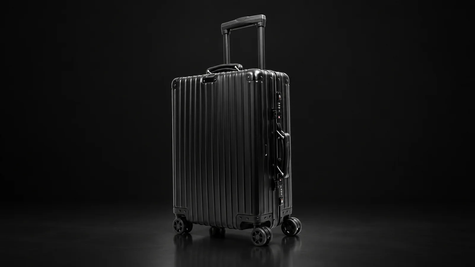 Black ribbed aluminum suitcase from the Aluvox factory, studio shot on black