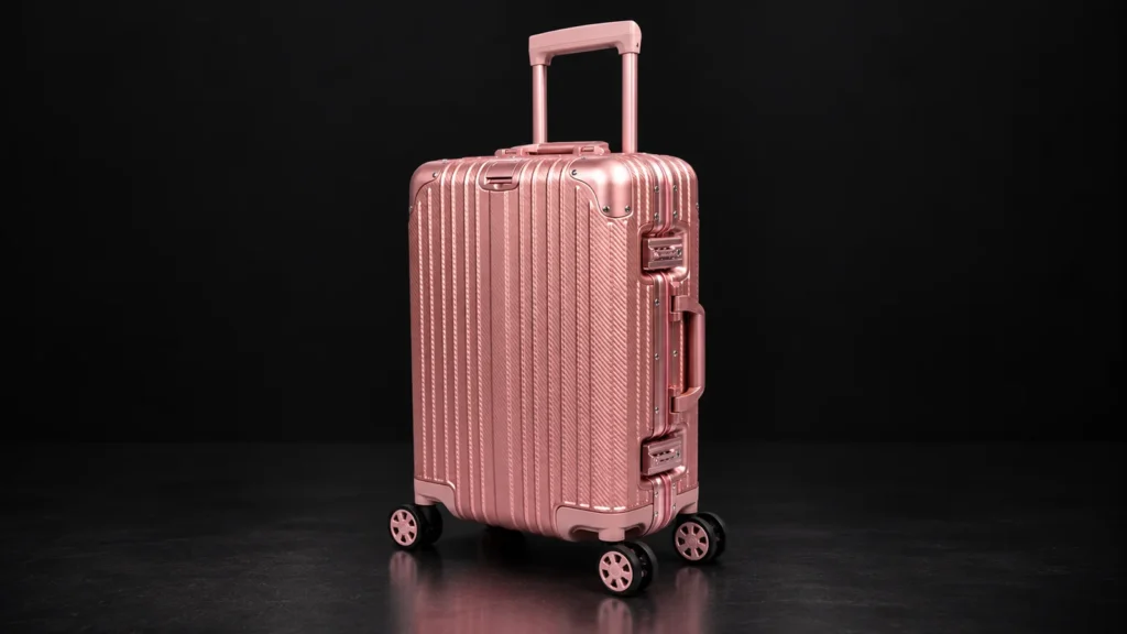 Rose gold ribbed aluminum suitcase from the Aluvox factory, studio shot on black