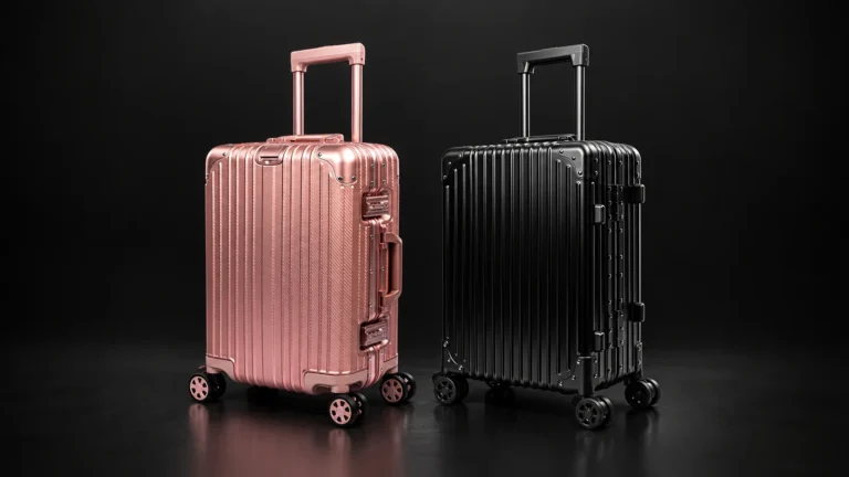 Rose gold and black ribbed aluminum suitcases from the Aluvox factory, studio shot on black
