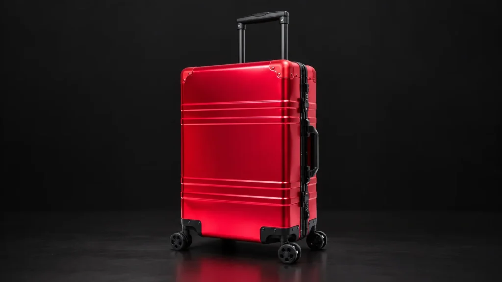 Red aluminum suitcase with horizontal grooves from the Aluvox factory, studio shot on black