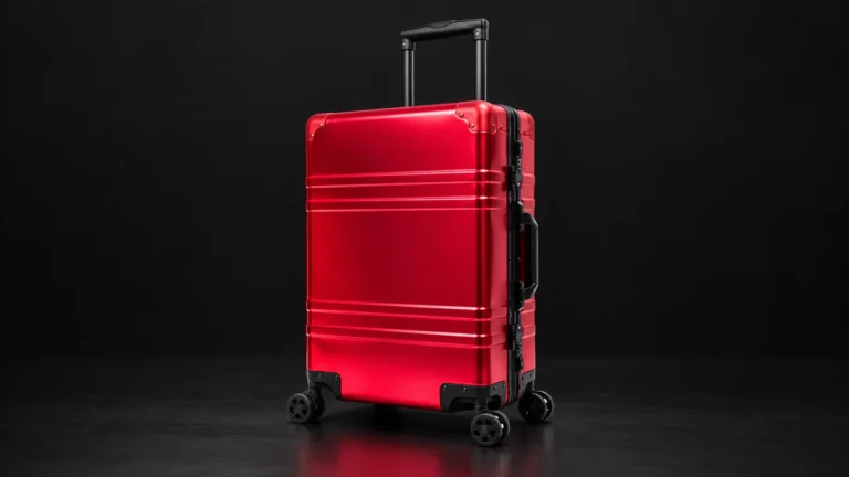 Red aluminum suitcase with horizontal grooves from the Aluvox factory, studio shot on black