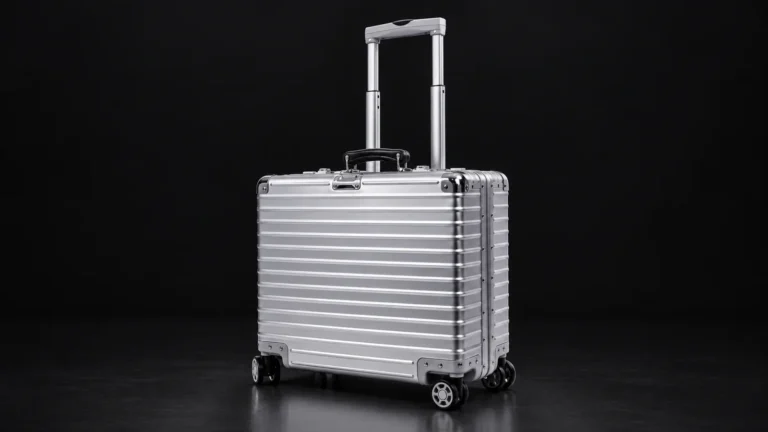 Silver ribbed aluminum pilot case from the Aluvox factory, studio shot on black