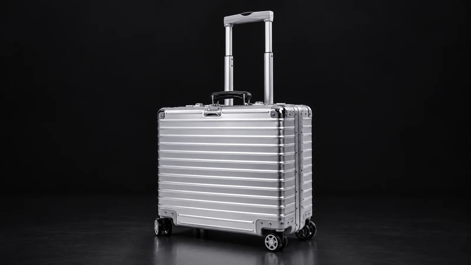 Silver ribbed aluminum pilot case from the Aluvox factory, studio shot on black