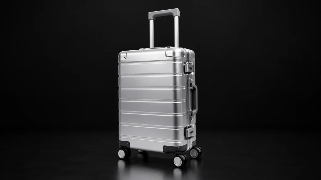 Silver ribbed aluminum carry-on suitcase from the Aluvox factory, studio shot on black
