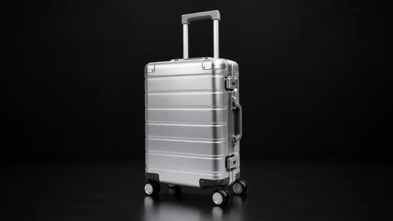 Silver ribbed aluminum carry-on suitcase from the Aluvox factory, studio shot on black