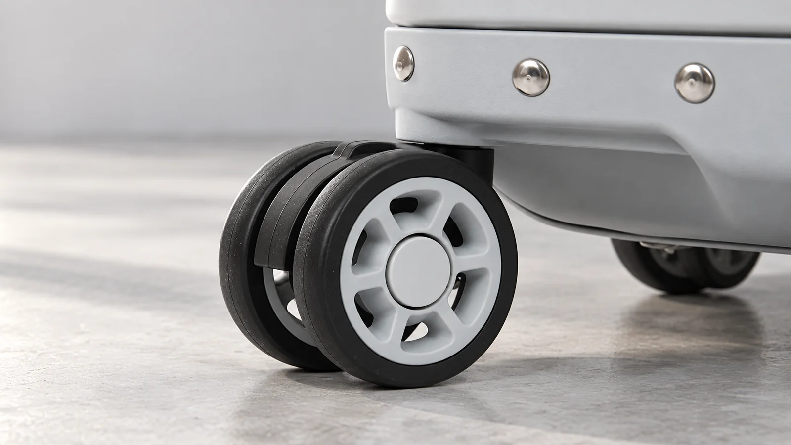 Double spinner wheels on the corner of a silver aluminum suitcase