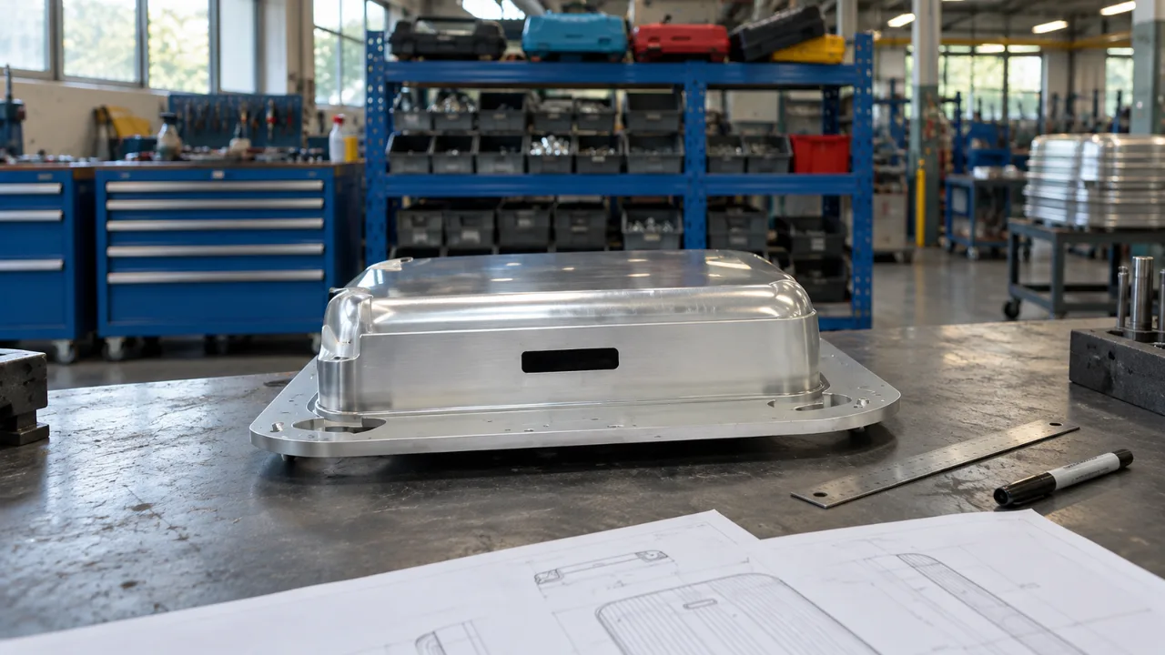 Formed aluminum suitcase shell half on a workbench beside its drawing