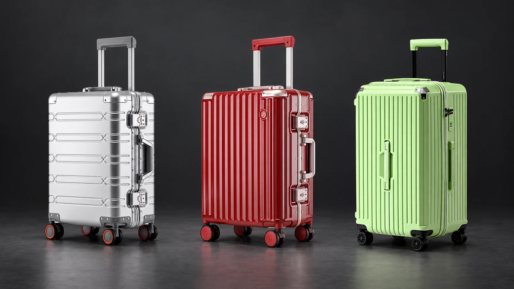 Silver TS-006, red HQ-009, and green MB-000 luggage arranged in one row