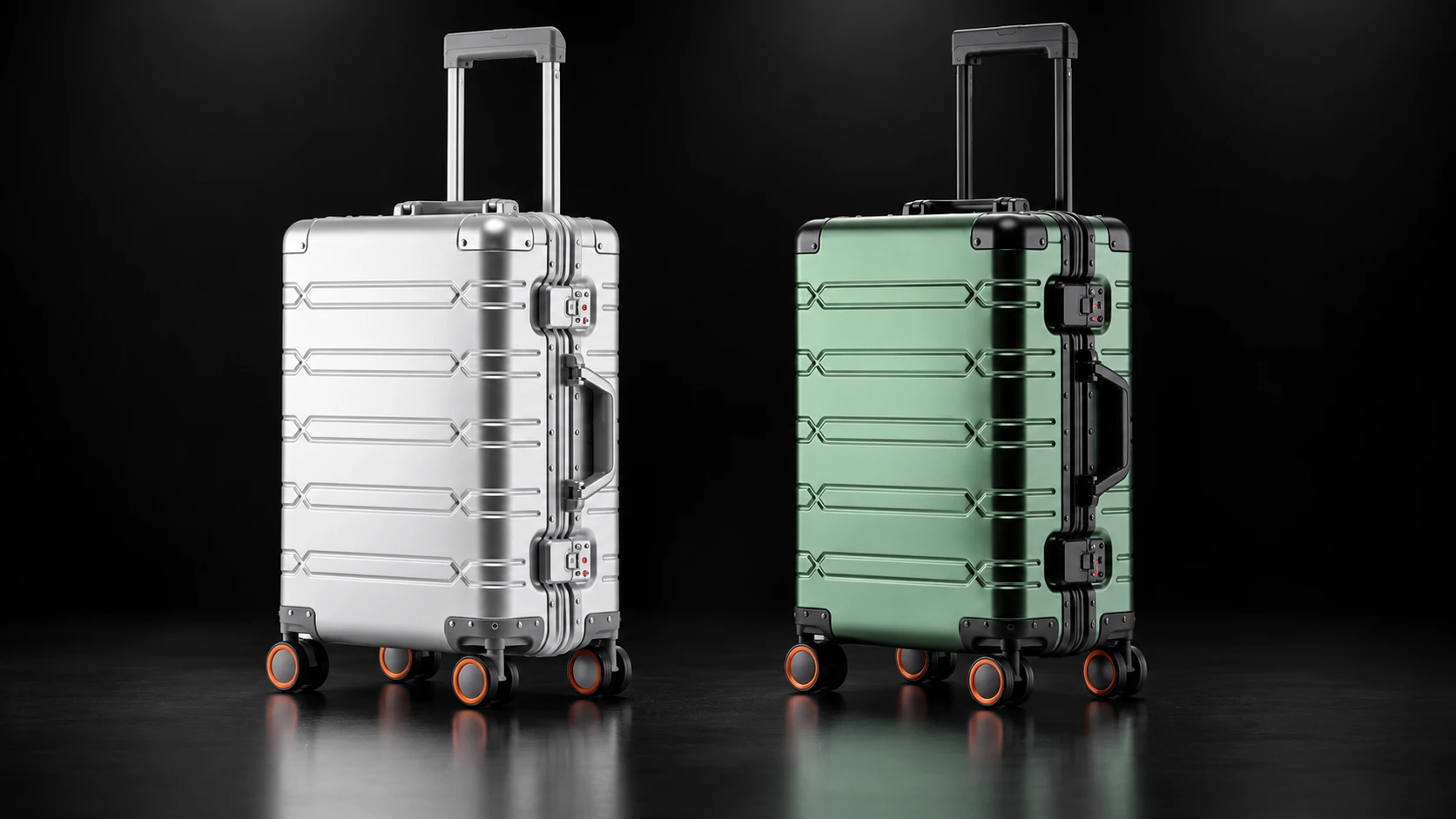 Silver and green Aluvox TS-006 aluminum suitcases arranged in one row against a black background