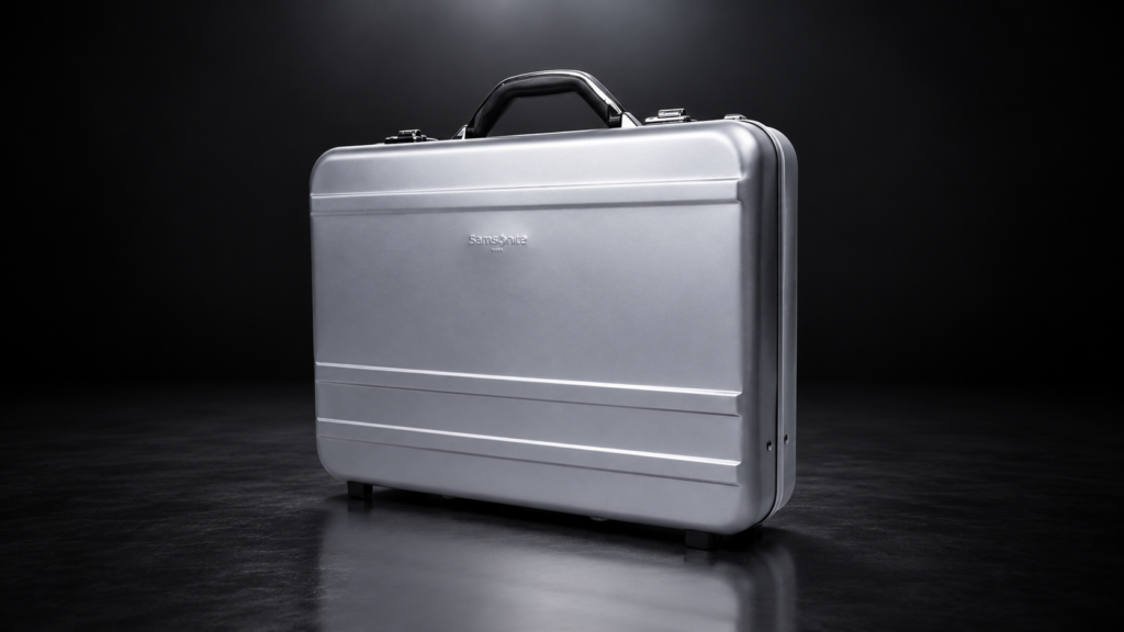 Silver BA0332 aluminum briefcase photographed against a dark background
