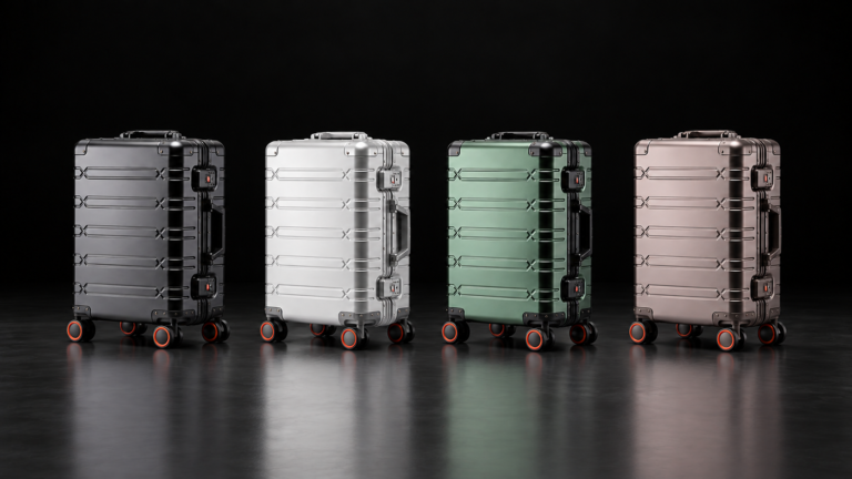 Four Aluvox TS-006 aluminum suitcases in charcoal, silver, green and taupe arranged in a single row